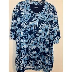 Crown & Ivy Mens XL Blue Polo Tropical Floral Hibiscus Golf Shirt Sleeve